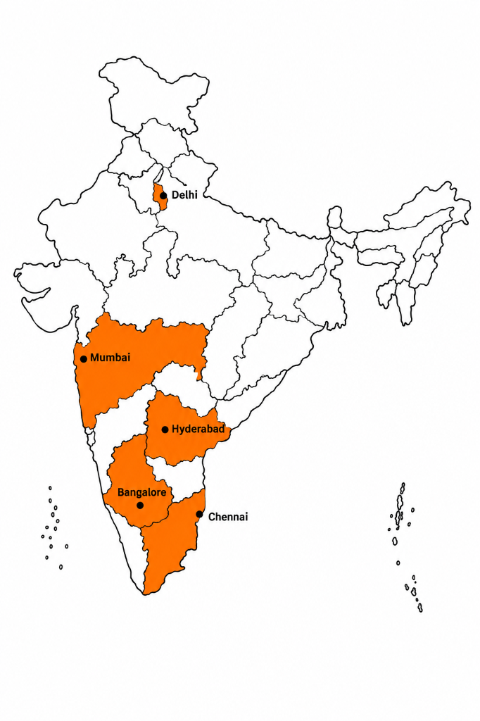 Map of India highlighting PrintOne Graphics client regions: Mumbai, Delhi, Bangalore, Hyderabad, and Chennai