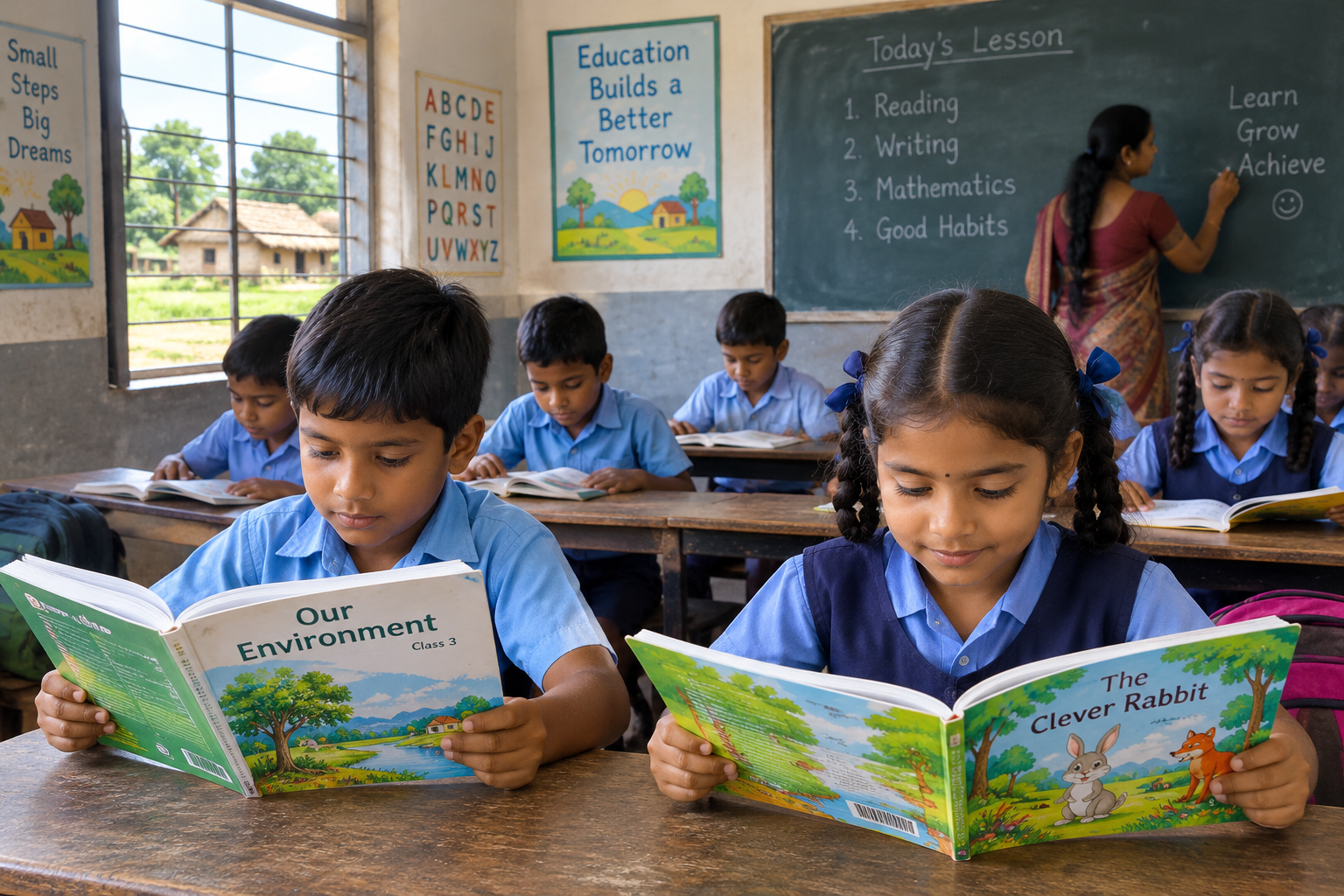 Students in village classroom holding printed educational books by PrintOne Graphics
